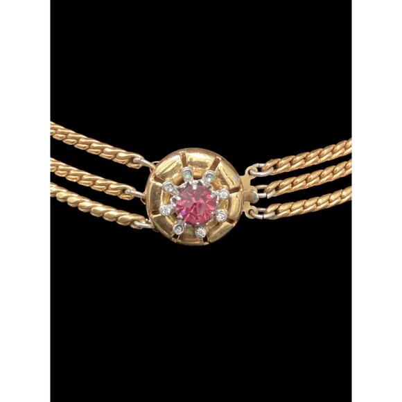 Beautiful Vintage Gold Tone 3 Chain Necklace Colorful Rhinestones Ornate Closure - Picture 4 of 6